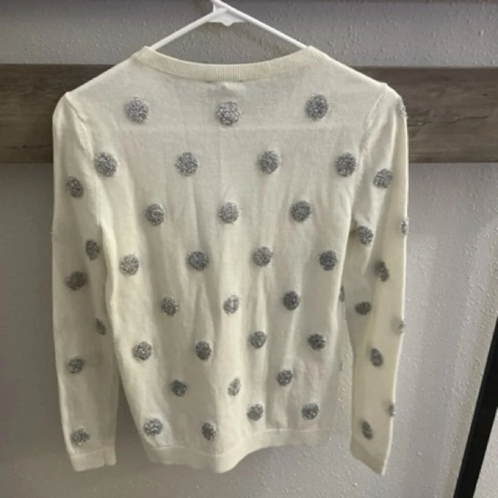 EUC Talbots Cream Sweater with Silver,Shiny Polka Dot w/Long Sleeves Scoop Neck - Picture 4 of 11